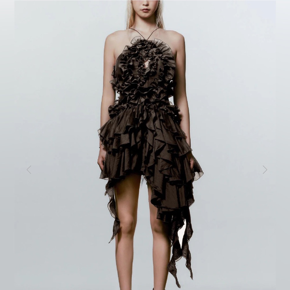Elegant Brown Ruffled Women's Dress